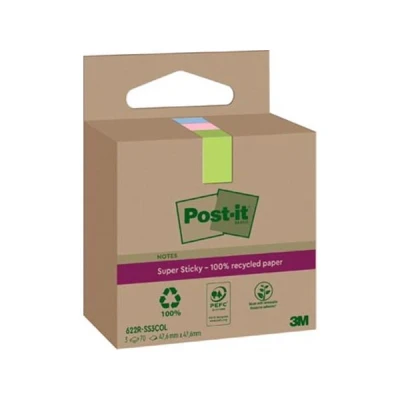 Afbeelding van Post it Super Sticky Notes Recycled, 70 vel, ft 47,6 x mm, assorti, pak van 3 blokken memoblok