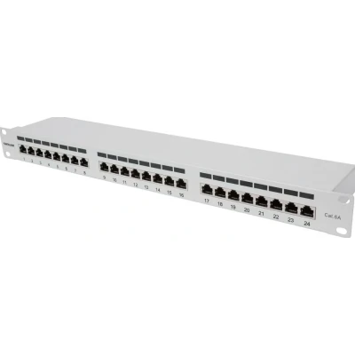 Afbeelding van Intellinet 720854 24 Port Cat6a patchpaneel, afgeschermd FTP, 1 HE, klemlijsten met 90 graden gebogen kabelinvoeringen, grijs