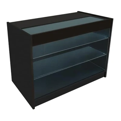 Afbeelding van Zwart Winkel Toonbank LED Verlichting K1200 Afsluitbaar Schuifdeuren 2 Sleutels Detailhandel Opbergkast Glas Vitrine Display Kast Receptie Bureau 3 Planken Koele Witte Lampen