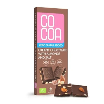 Afbeelding van Romige chocolade met amandelen en zout BIO 40g/ZERO suiker, 0% toegevoegde koolhydraatarme snack inuline probioticum, perfect voor ketogene diëten
