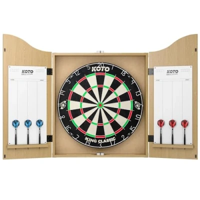 Afbeelding van KOTO Dartkabinet Lightwood Oak Incl. Dartbord, 6 Steeltips Dartpijlen,KOTO Afwerplijn &amp; Handleiding, Houten Darts Kast, Dartkast met dartpijlen, Kabinetdart
