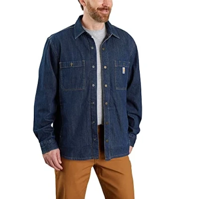 Afbeelding van Carhartt Heren Relaxed Fit Denim Fleece Lined Snap Front Work Utility Button Down Shirt, glacier, XL