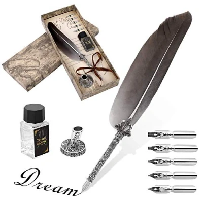 Afbeelding van Ejoyous Quill Pen antieke kalligrafieveer handgemaakte veer en inktset, voor Engelse letters, vintage executive briefpapier met fles nib bases (zwart)