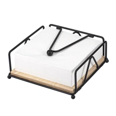 Afbeelding van MumdoYAL Servethouder zwart, servet dispenser, napkin houder, standaard, houder houten basis &amp; ijzeren frame, met verzwaarde spanarm