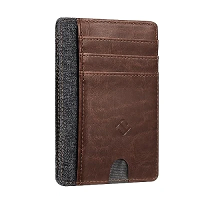Afbeelding van Fintie Platte portemonnee, kaartenetui, premium kunstleer, RFID blocker, slim creditcardhouder met ID venster en vak voor snelle toegang heren dames, bruin