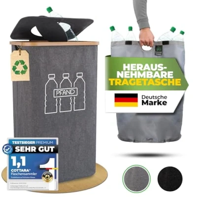 Afbeelding van COTTARA® Verzamelcontainer met deksel en draagtas, statiegeldhouder gat draaibaar, ideale statiegeldflessen, bewaren lege goederen, flessenverzamelaar voor keuken (grijs)