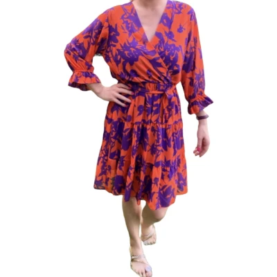Afbeelding van Jurk, oranje paars gebloemd, One size