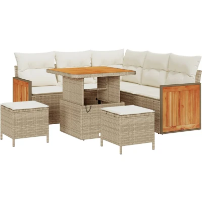 Afbeelding van vidaXL 8 delige tuinbankset met kussens Beige Poly Rattan Acacia, 2 zits tuinbank Rattan, 3 tuin eetset Acacia