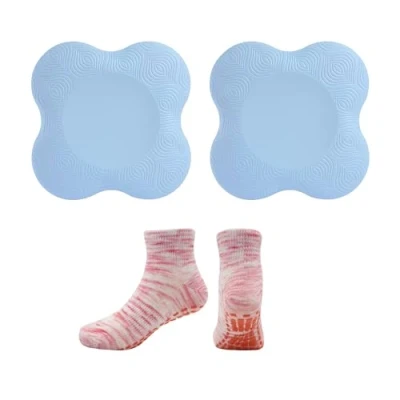 Afbeelding van 2 stuks yogamatten kniebeschermers met 1 paar yogasokken, yoga kniebeschermers, antislip TPE yogamat, verdikte onafhankelijke yogamat (blauw)