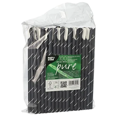 Afbeelding van PAPSTAR rietjes met lepel, papier Ø 8 mm, 20 cm zwart / wit strepen 87991 papieren shakerietjes lepelrietjes, 100 stuks