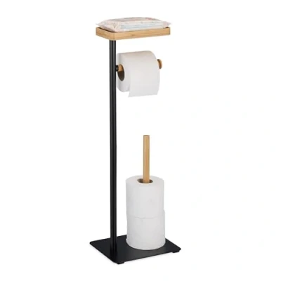 Afbeelding van Relaxdays toiletrolhouder met plankje, staande wc rolhouder, voor reserverollen, ijzer en bamboe, zwart/natuur
