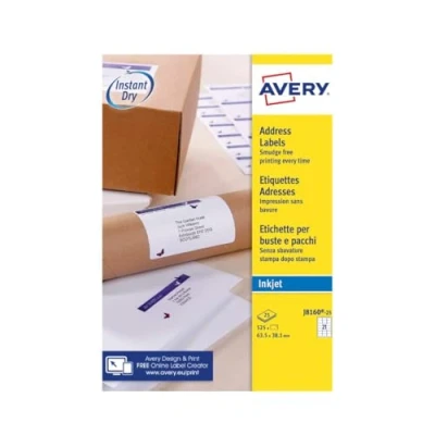 Afbeelding van AVERY Zweckform J8160 25 adresetiketten, 525 etiketten, 63,5 x 38,1 mm op A4, bedrukbaar, zelfklevend, voor DIN B6/C6 enveloppen, mat papier, inkjetprinter, vellen, wit
