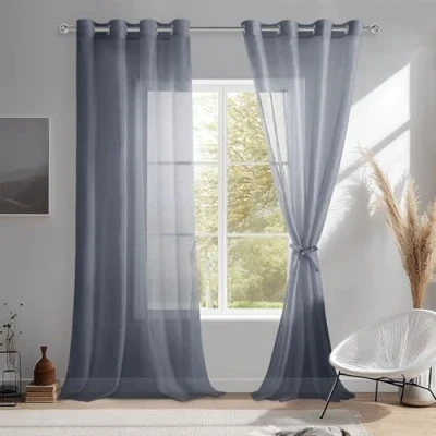 Afbeelding van DWCN Sheer Voile gordijn, transparant, gordijn met ingestanste ringen, 2 stuks, ogen, voor woonkamer, babykamer, slaapkamer, donkergrijs, 210 x 132 cm (h b)