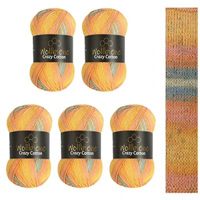 Afbeelding van Wollbiene Crazy Cotton Batik, 5 x 100 g, 500 gram met kleurverloop, 55% katoen, meerkleurig, breiwol, wol, voor het hele jaar (5030 grijs oranje geel)