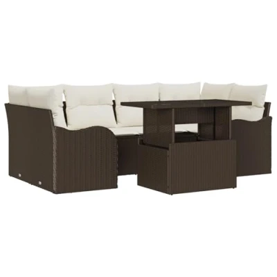 Afbeelding van vidaXL 7 delige Tuinsofa Set met Kussens Bruin Poly Riet, 2 zits Riet