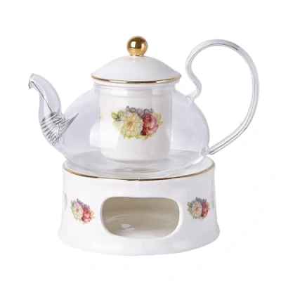 Afbeelding van Bafnsiji Theepot met warmerset, Warmer Set, Glass Teapot 650ml keramische warmer, Loose Tea Infuser, Hittebestendige Borosilicate Theepot, Warmer,A