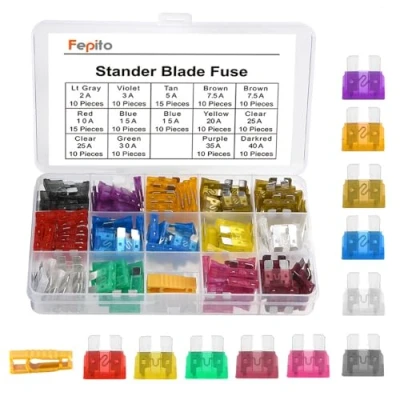 Afbeelding van FEPITO 150 stuks standaard autozekeringen, zekeringen, lemmet assortiment, 2A, 3A, 5A, 7,5A, 10A, 15A, 20A, 25A, 30A, 35A, 40A, voor auto, met 1 lemmetbeveiliging, extractor en opbergdoos