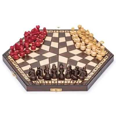 Afbeelding van Husaria Wooden Three Player Chess 12 Inches with Foldable Board, Handcrafted Playing Pieces, and Felt Lined Storage