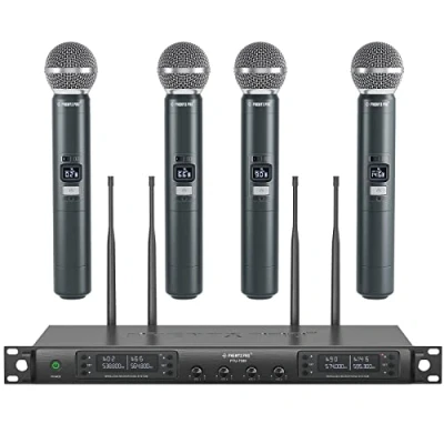 Afbeelding van Phenyx Pro Quad Channel Draadloos Microfoonsysteem, 4 handheld draadloze microfoons, x 40 kanalen, Auto Scan, 8 meter bereik, ideaal voor zang, kerk, karaoke (PTU 7000 4H)