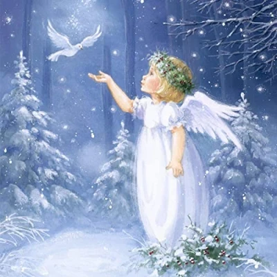 Afbeelding van 20 servetten Angel with Dove engel met duif bos winter Kerstmis tafeldecoratie Duitse productie 33x33cm