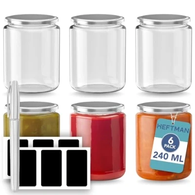 Afbeelding van HEFTMAN glazen potten met deksels 6 stuks, 240 ml jampotten zilveren, luchtdichte deksels, herbruikbare voorraadpotten voor nachtelijke haver, jam, chutney, beitspotten,