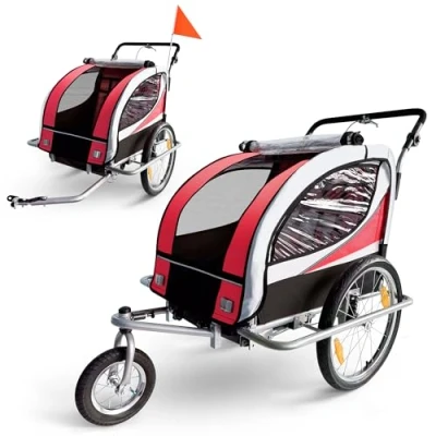 Afbeelding van SAMAX 360 draaibare fietskar 2 in 1 Jogger rood zilver frame fietsaanhanger