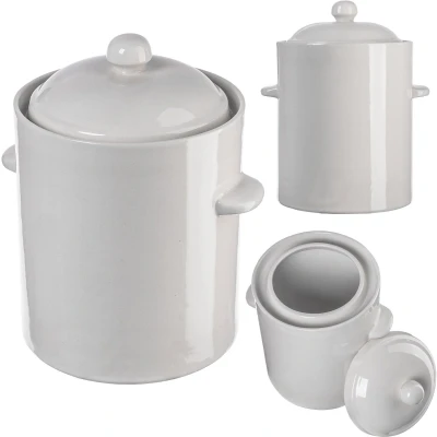 Afbeelding van KADAX Steengoed pan, dichte keramische pot met deksel, vaatwasmachinebestendige steengoedpan, handgemaakte fermentatiepot van keramiek, inlegpan voor komkommers en zuurkool (crème, 5 l)