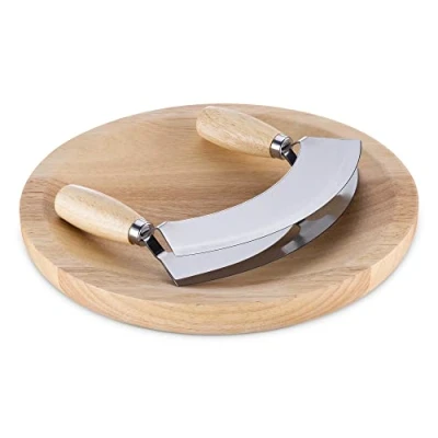 Afbeelding van Navaris set wiegemes en snijplank Ronde van rubberhout 24 cm Mezzaluna edelstaal 17 x 13,5 Voor hakken kruiden noten
