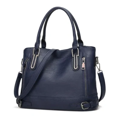 Afbeelding van Dameshandtas van leer, hengseltas, vintage tas met handvatten, zachte schoudertas voor vrouwen, donkerblauw, F