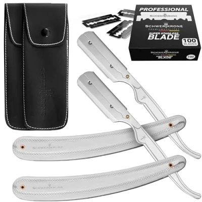 Afbeelding van SCHWERTKRONE 2 premium scheermesjes met 100 &amp; lederen etuis twee heren zilver incl. verwisselbare messen Straight Razor scheerapparaat set baardmes