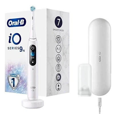 Afbeelding van Oral B iO 9 Oplaadbare Elektrische Tandenborstel Powered By Braun, 1 Wit Hoogwaardig Handvat Met Revolutionaire Magnetische Technologie, Kleurendisplay, Opzetborstel, Oplaadreisetui