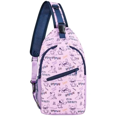 Afbeelding van Disney Stitch Crossbody Sling Bag voor meisjes, verstelbare riem met rits compartimenten Gifts, Lila Aop, One Size