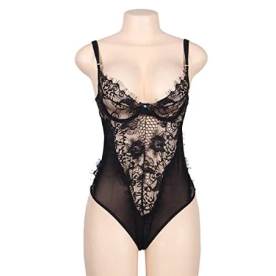 Afbeelding van Subblime Queen Plus SIZE Floral Lace And Fringed Black Teddy