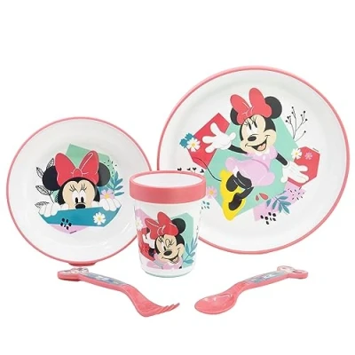 Afbeelding van 5 delig kinderservies met antislip bodem. bord, kom, 260 ml glas en bestek. BPA vrij MINNIE Muse BEING MORE MOUSE