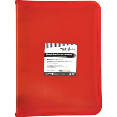 Afbeelding van Grafoplás Ringmap met ritssluiting, A4+, rood, multiline, 4 gemengde ringen, 25 mm, deksel van polypropyleen, gelinieerd, verticaal, extra capaciteit voor vellen in folioformaat