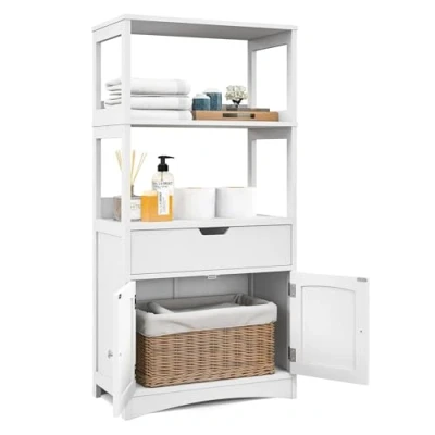 Afbeelding van COSTWAY Vrijstaande badkamerkast, hoge kast voor badkamer met 2 deuren en 3 open planken lade, moderne multifunctionele kast, keukenkast badkamer, keuken, woonkamer (wit)
