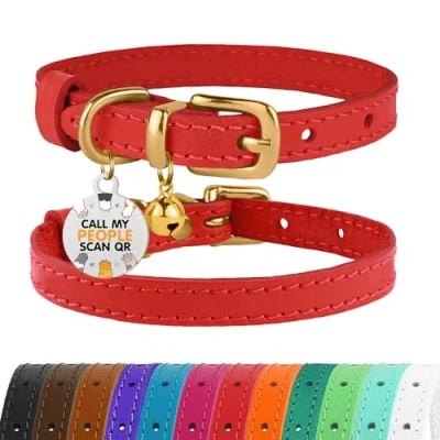 Afbeelding van BRONZEDOG Lederen kattenhalsband met gesp verstelbare kleine huisdierhalsbanden voor kitten zwart bruin roze paars rood turkoois (nekmaat 7&quot; 9&quot;, rood)