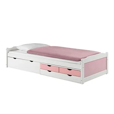 Afbeelding van IDIMEX Andrea Bed met opbergruimte, wit/roze, 90 x 200 cm (b l), 4 laden, massief grenen, dagbed, logeerbed, tienerbed, kinderbed