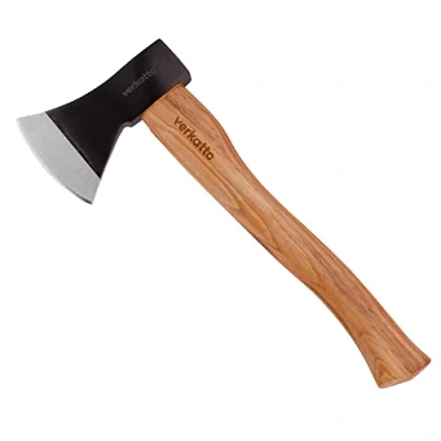 Afbeelding van Mivos bijl 600 g met hickory houten steel en lemmet van koolstofstaal handbijl voor tuin bos kleine compacte universele kloofbijl gelakt handvat
