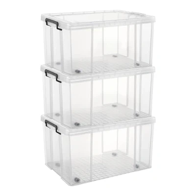 Afbeelding van Cetomo 70L x 3 opbergdozen, stapelbare opbergdoos met deksels, zware deksel container wielen, versterkte hoeken, verticale zijden en clipsluiting, duurzaam, kunststof, helder, 3Pack