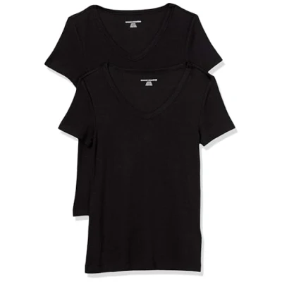 Afbeelding van Amazon Essentials Women&#039;s T shirt met korte mouwen en V hals in slanke pasvorm, Pack of 2, Zwart, M