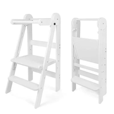 Afbeelding van 509 Lofty Montessori Opvouwbare leertoren, keukenhulp voor kinderen, stapelbaar, handig opslag, 3 hoogtes staand bord, kleur wit