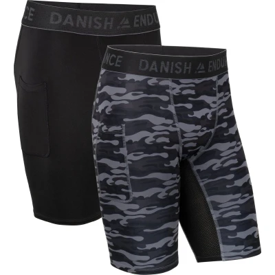 Afbeelding van DANISH ENDURANCE Compressieshorts, voor Heren, Basislaag Trainen, met Zak, set van 2 Veelkleurig (1x Zwart, 1x Grijs Camo) pack XXL