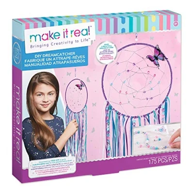 Afbeelding van Make It Real DIY Dreamcatcher. Your Own Dream Catcher Arts and Crafts Kit for Tween Girls. Includes Hoop, Strings Ribbons, Beads, Butterfly Pin More