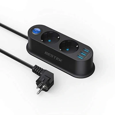 Afbeelding van BESTEK Stekkerdoos, 2 stopcontacten met 3 USB poorten, mini stopcontacten, elektrisch, 2500 W, geschikt voor thuis, woonhuizen in de campus, kantoren, reizen en andere scenario&#039;s