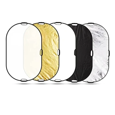 Afbeelding van Selens Ovale reflector, 5 in 1, 100 x 150 cm, draagbaar, opvouwbaar, voor fotografie, fotostudio, verlichting, buitenverlichting, studio, diffuser, doorlatend, wit, zwart, zilver, goud oppervlak