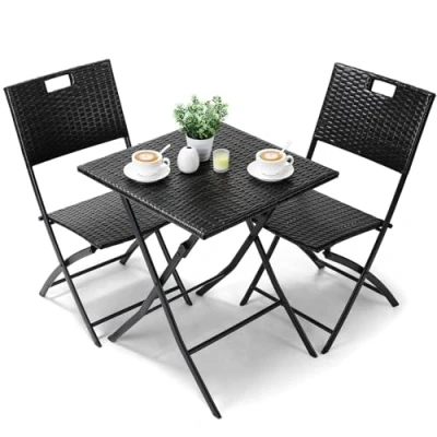 Afbeelding van LIFERUN Balkonmeubelset, bistro, balkonmeubel, rotan set, bistro tuinmeubelset, 3 delig, inklapbare balkontafel met 2 stoelen, zwarte balkonset, balkonmeubels, inklapbaar, zitgroep
