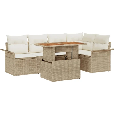 Afbeelding van vidaXL 6 delige Tuin Eettafel Set met Kussens Beige Poly Rattan Acacia