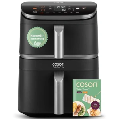 Afbeelding van COSORI Turbo Tower Pro heteluchtfriteuse, 2 kamers, 10,8 l, Double Stack Airfryer met DualBlaze, keramische coating, niet Teflon zilver zwart