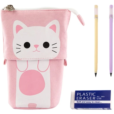 Afbeelding van BEIIEB Intrekbaar etui, pennenetui met ritssluiting, voor meisjes 2 eeuwige pennen en 1 gum, meisjesachtige cartoonkat, roze pennenetui, kattenpatroon, roze, Schattig